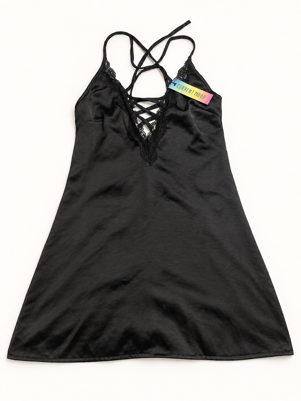 Current Mood Black Satin Lace-Up Slip Dress XS